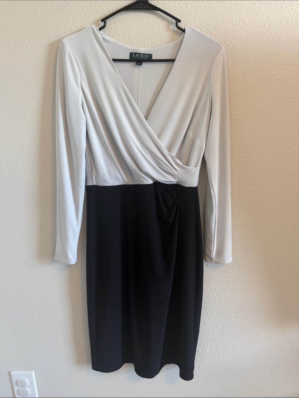 Lauren Ralph Lauren Two-Tone Faux-Wrap Long Sleeve Dress in White & Black
